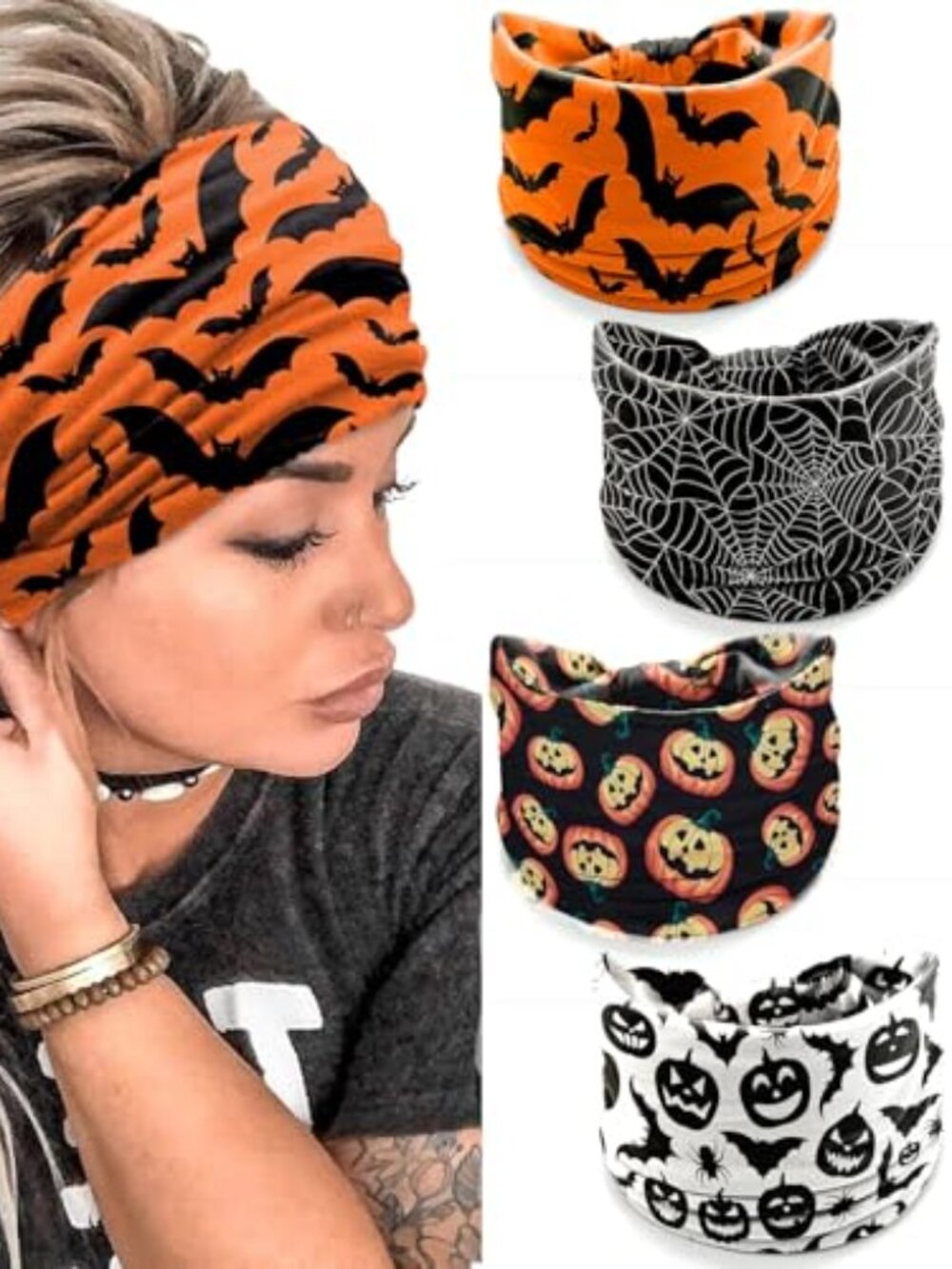4Pcs Halloween Headbands for Women - Pumpkin Bat Wide Holiday Hair Bands